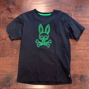 Psycho Bunny Black Tee with Neon Green Bunny Design